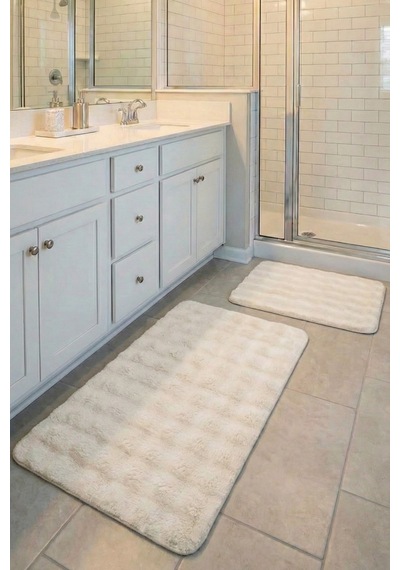 2 Li Peluş Bubble Banyo Paspas Seti 60x100+50x60 Cm Kaymaz Lateks Taban, Yumuşak Yüzey, Yıkanabilir Kırık Beyaz