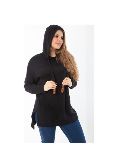 Şans Kadın Büyük Beden Siyah Arkası Uzun Yan Yırtmaçlı Kapşonlu Sweatshirt 65n37310-siyah Siyah