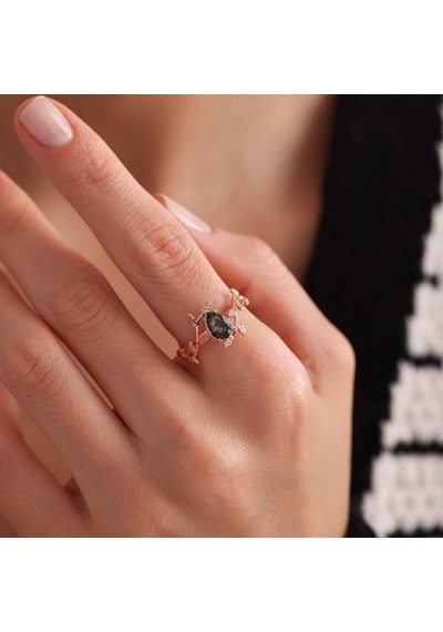 Moss Agate Altın Yüzük Rose T12783 Çok Renkli