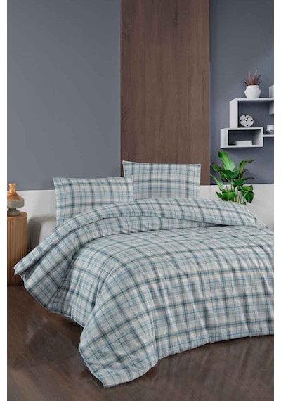 Menderes Home Cotton Collection Flanel R Çift Kişilik Nevresim Takımı Ekose Mavi