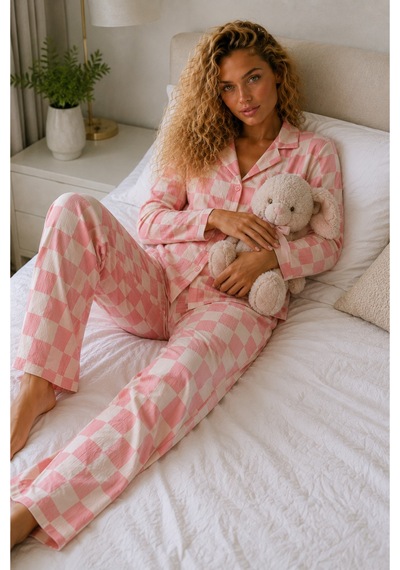 Kadın Örme Gömlek Yaka Pembe Pijama Takımı