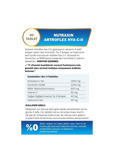 Tr Artroflex Hya-c-ıı, Hyaluronik Asit, Tip Iı Kolajen, Glukozamin, Kondroitin, Msm, Vitamin C, 90 Tablet