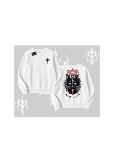 Tarzsokak Gothic Cat Made İn Hell Baskılı Sweatshirt Biskilet Sweatshirt Beyaz