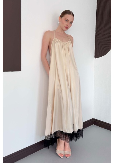 Verymoda Dantel Detaylı Saten Elbise D3022 Taş