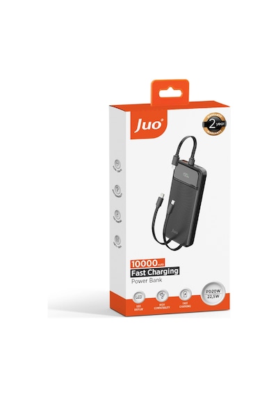 Juo MT03276 10000 Mah 22.5w Led Ekranlı Lightning Ve Type-c Kablolu Powerbank Siyah