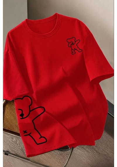 Ayıcık Baskılı Unisex Oversize Sokak Stili T-shirt Kirmizi
