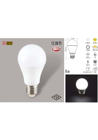 Cata Ct-4277 9 Watt Led Ampul E27 Duy Beyaz Işık
