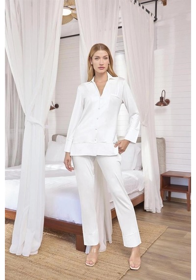 Aria's Closet Arias Closet Uzun Kollu Önü Düğmeli Gömlek Yaka Pijama Takımı Beyaz