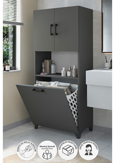 Çok Amaçlı Dolap Banyo Dolabı Kirli Çamaşır Sepeti Dolabı Damla Antrasit Çok Amaçlı Dolap Banyo Dolabı Kirli Çamaşır Sepeti Dolabı Damla Antrasit