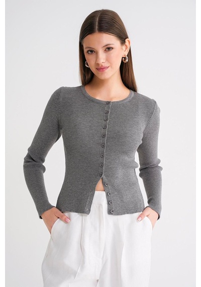 Hiccup Mixray Düğmeli Slim Fit Yivli Örgü Hırka Koyu Gri