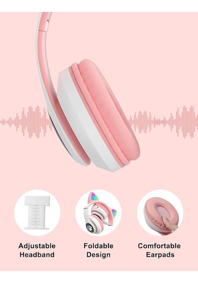 Led Işıklı Kedi Kulaklı Kablosuz Bluetooth Kulaklık Çocuklar İçin Katlanabilir, Derin Baslı Hifi Stereo, Tf Kart Ve Aux Girişli, Kız/erkek Uyumlu