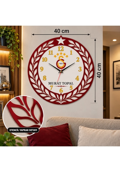 40x40 Cm Galatasaray Temalı Duvar Saati 3 Mm Mdf, Stencil Defne Yapraklı, Kişiye Özel İsimli Dekoratif Saat Sarı Kırmızı 40x40 Cm Galatasaray Temalı Duvar Saati 3 Mm Mdf, Stencil Defne Yapraklı, Kişiye Özel İsimli Dekoratif Saat Sarı Kırmızı