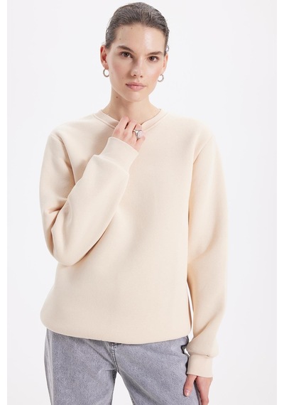 Tudors Kadın Oversize Geniş Kesim Pamuklu 3 İplik İçi Polarlı Basic Bej Bisiklet Yaka Sweatshirt-42065 Bej