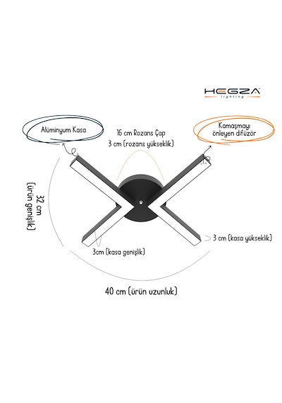 Contento Siyah Kasa, Beyaz Işık Modern Plafonyer Led Avize Siyah