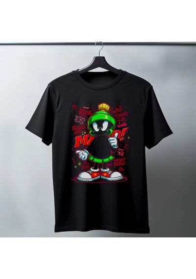 Freedom Store Marvin The Martian Graffiti Baskılı Unisex Siyah Tişört - 24/1 Penye Pamuklu