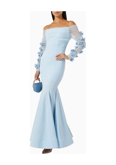 Ronanna Off-shoulder Çiçek Aplikeli Abiye Mavi