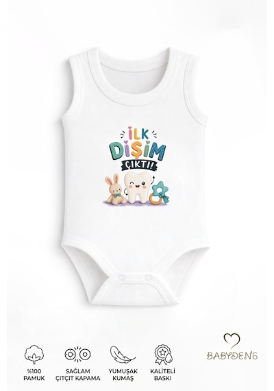 Babyden's Diş Buğdayı Body %100 Pamuk İlk Dişim Çıktı Baskılı Kolsuz Bebek Body Çıtçıtlı Unisex Yenidoğan Zıbın Beyaz