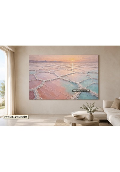 Premium Pastel Gün Batımında Tuz Havuzları Çerçevesiz Kanvas Tablo Pembe