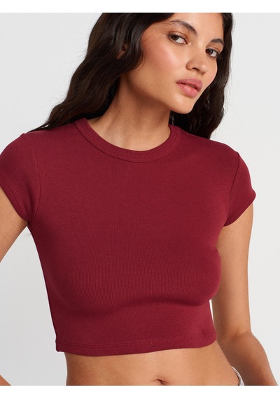 Dilvin 31810 Bisiklet Yaka Crop T-shirt-açık Bordo Açık Bordo