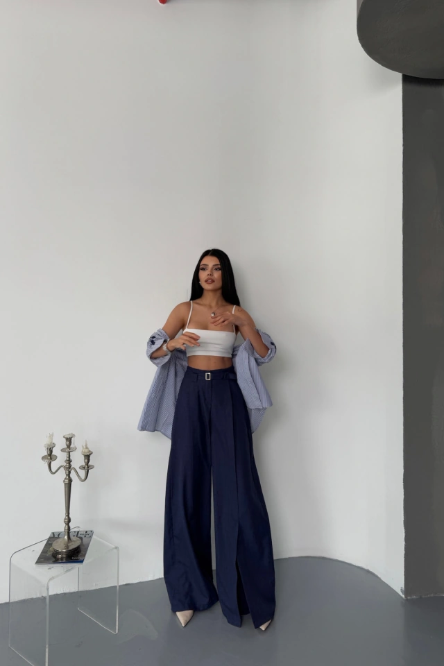 Sidelya Concept Salaş Önden Yırtmaç Detaylı Bel Kemerli Pantolon - Lacivert Lacivert