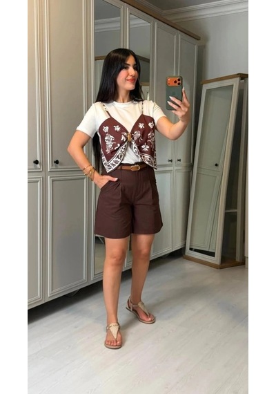 DefyModa Kadın Şal Desen Detay Bluz Ve Keten Şort Ikili Takım Kahverengi
