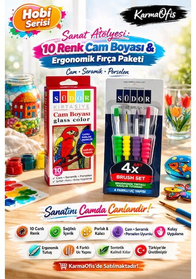 Sanat Atölyesi 10 Renk Cam Boyası Seti + Ergonomik Fırça Cam, Seramik & Porselen Boyama Seti Diğer