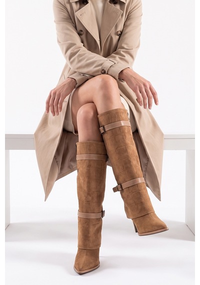 Luvi Shoes Pıen Taba Süet Baskı Sivri Burun Kadın İnce Topuklu Çizme