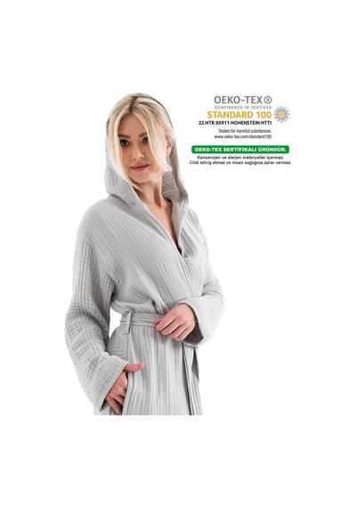 Unisex Kapşonlu 4 Kat Müslin Bornoz - Gri