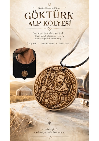 Göktürk Alp Savaşçı Ve Bozkurt Motifli Ahşap Erkek Kolyesi 44 Mm 011 - Kahverengi