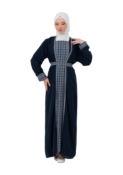 Zaytoon Nakışlı İç Elbiseli Ve Kemerli İki Parçalı Filistin Mirası Abaya Seti Lacivert