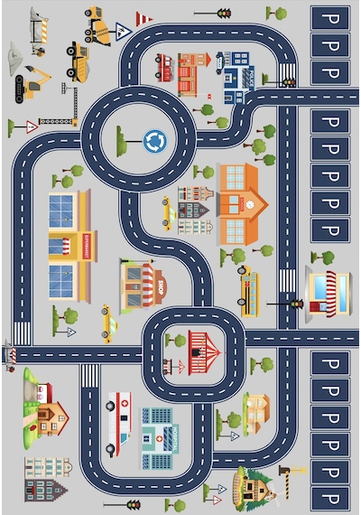 Dijital Baskılı Dekoratif Kaymaz Taban Yıkanabilir Trafik Parkı Temalı Çocuk Halısı gri