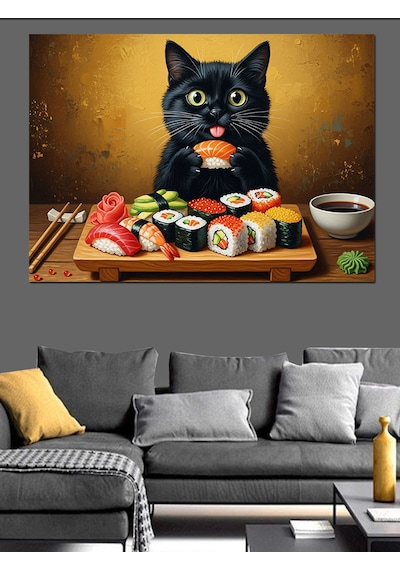 Ahşap Tablo Suşi Yiyen Sevimli Kara Kedi