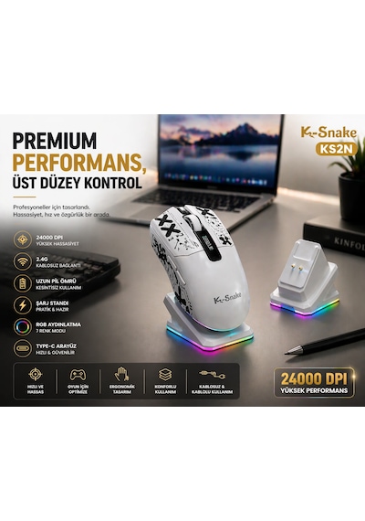 Rgb Gaming Mouse 24000 Dpı Kablosuz 2.4g Bluetooth Type-c Şarjlı Oyuncu Mouse Ms-ks2nb