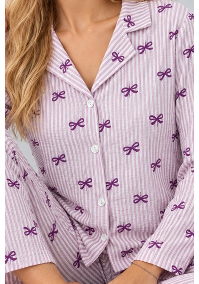 Kadın Gömlek Yaka Desenli İkili Mor Pijama Takımı 4810