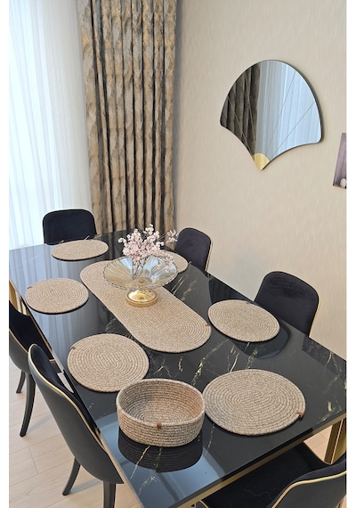 6 Lı Oval Supla 1 Runner 1 Dekoratif Ekmek Sepeti Seti Desenli Sunumluk Yemek Takımı Çok Renkli