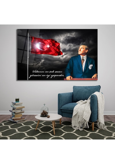 Atatürk Vatanını En Çok Seven Cam Tablo Evlika , Modern Ev İş Ofis Salon Duvar Dekoru , Hediyelik Tablo