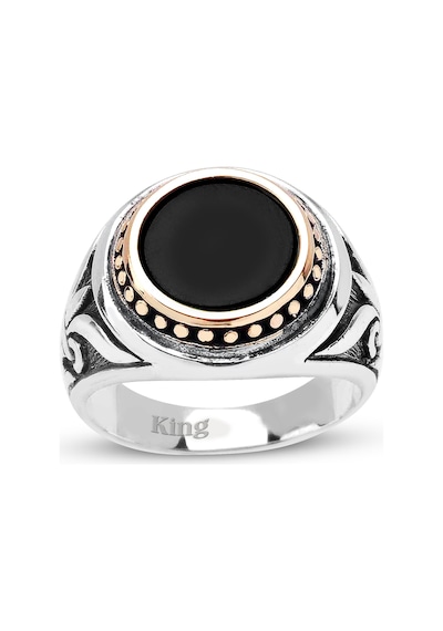 Kuyumcudukkanı Akik Renk Taşlı Üstü Bronz Parçalı Elyapımı Gümüş Erkek Yüzük-60013-w-blk 21 Beyaz
