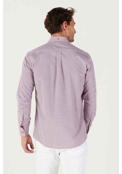 AC&Co / Altınyıldız Classics Erkek Lacı Kırmızı Slim Fit Dar Kesim Düğmeli Yaka Logolu Cepli Pamuklu Çizgili Gömlek Lacivert - Kırmızı