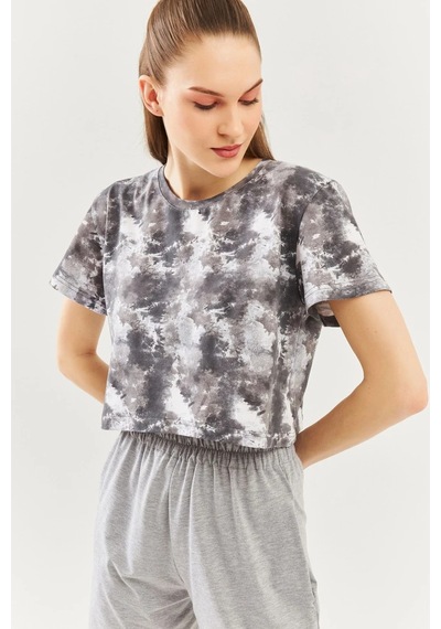 Kadın Oversize Rahat %100 Pamuklu Penye Bisiklet Yaka Kısa Kol Basic Crop T-shirt Batik Gri