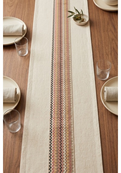 Renkli Zikzak Şerit Desenli Dekoratif Pamuk Runner Masa Örtüsü 40x130 Cm Çok Renkli