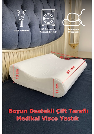 Rudu Medical/medikal, Boyun Destekli Çift Taraflı Ortopedik Visco Visko Yastık 51x41x13-11cm 1250gr Beyaz