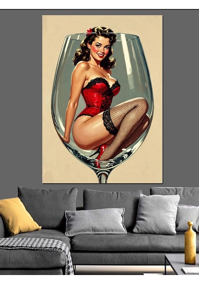 Şarap Kadehli Pin-up Kadın Dekoratif Kanvas - Mdf Ahşap Tablo