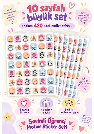 Sevimli Öğrenci Motivasyon Sticker Seti 420 Adet 10 Sayfa Tebrikler, Başardın, Devam Et Ve Ödül Etiketleri Çok Renkli