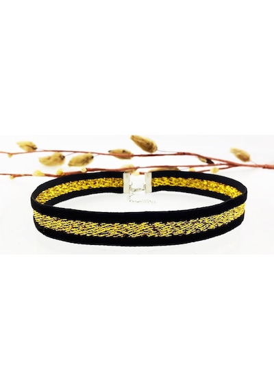 Sarı Sim Işlemeli Kadın Siyah Choker Siyah