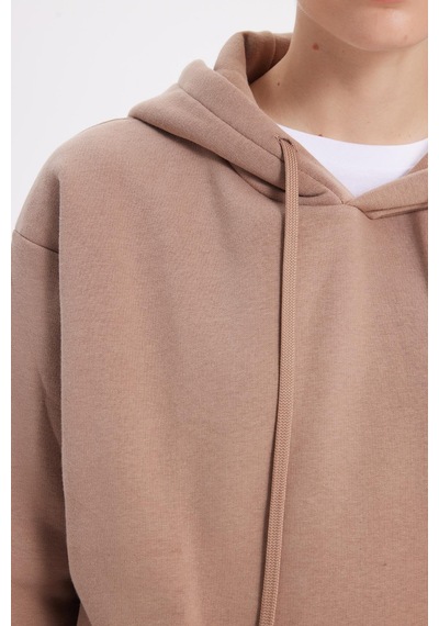 Tudors Kadın Oversize Geniş Kesim Pamuklu Yumuşak Dokulu İçi Polarlı Basic Vizon Kapüşonlu Sweatshirt-37905 VIZON