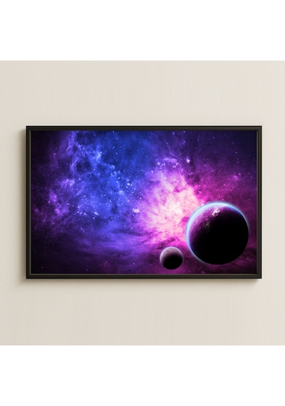 Mor Mavi Nebula Ve İki Gezegen Temalı Dijital Uzay Tablosu