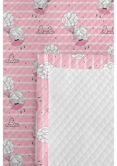 Evimde Bambaşka Pembe Balonlu Kız Çocuk Pike Takımı - Çizgili Beyaz Bebek Odası Mevsimlik Yatak Örtüsü - 160x220  CM