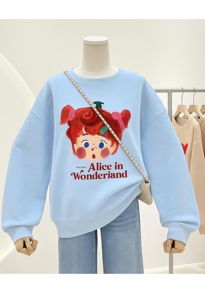 Benroma 3 İplik Penye Alice İn Wonderland Baskılı Unisex Sweatshırt Bebe Mavisi