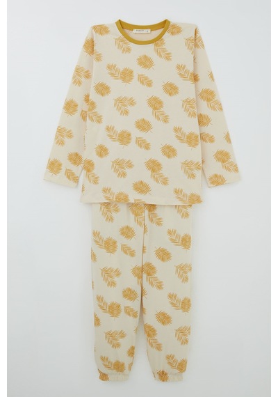 Breeze Kız Çocuk Pijama Takımı Tropik Yaprak Desenli 4-8 Yaş, Krem