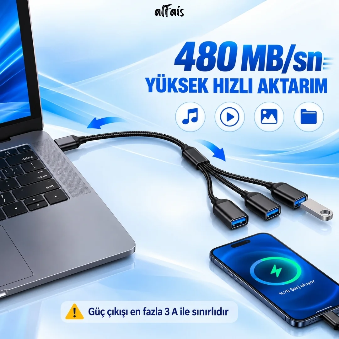 Type C To Usb Çoklayıcı 3 Port Hub Adaptör 3.0 Çoğaltıcı Çevirici Kablo 25 Cm